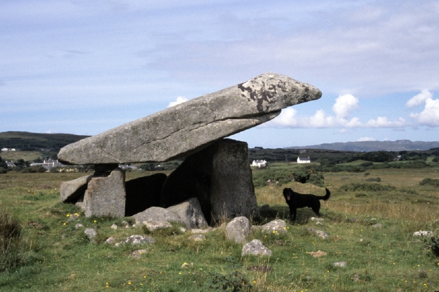 Kilclooney Dolmen is located in County Donegal, just a few miles from the town of Ardara. You can see my canine guide in the shadow of the dolmen.