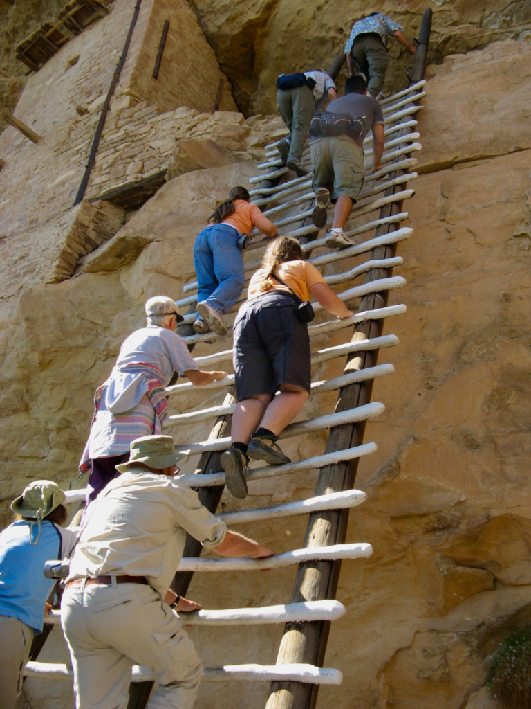 Ladders lead up the cliff to Balcony House in Mesa Verde. ©Laurel Kallenbach
