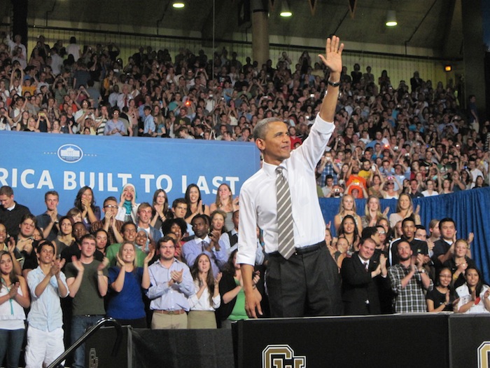 Obama waving at Coors Event Center, CU campus