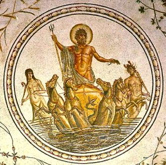A floor mosaic of Poseidon, Roman god of the sea, on his chariot. It dates to the 2nd century CE. Photo courtesy of the Bardo Museum
