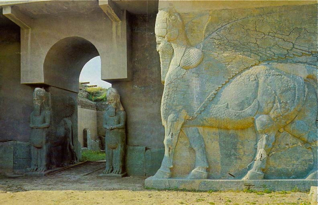 A sculpture of a winged bull with a human head guards the palace gates at the ancient city of Nimrud (in northern Iraq), which was destroyed by Islamic State terrorists.