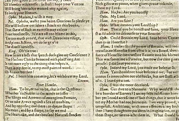Hamlet's monologue: To be or not to be. On the right column is the famous line: "Get thee to a Nunnery." Photo courtesy Folger Library